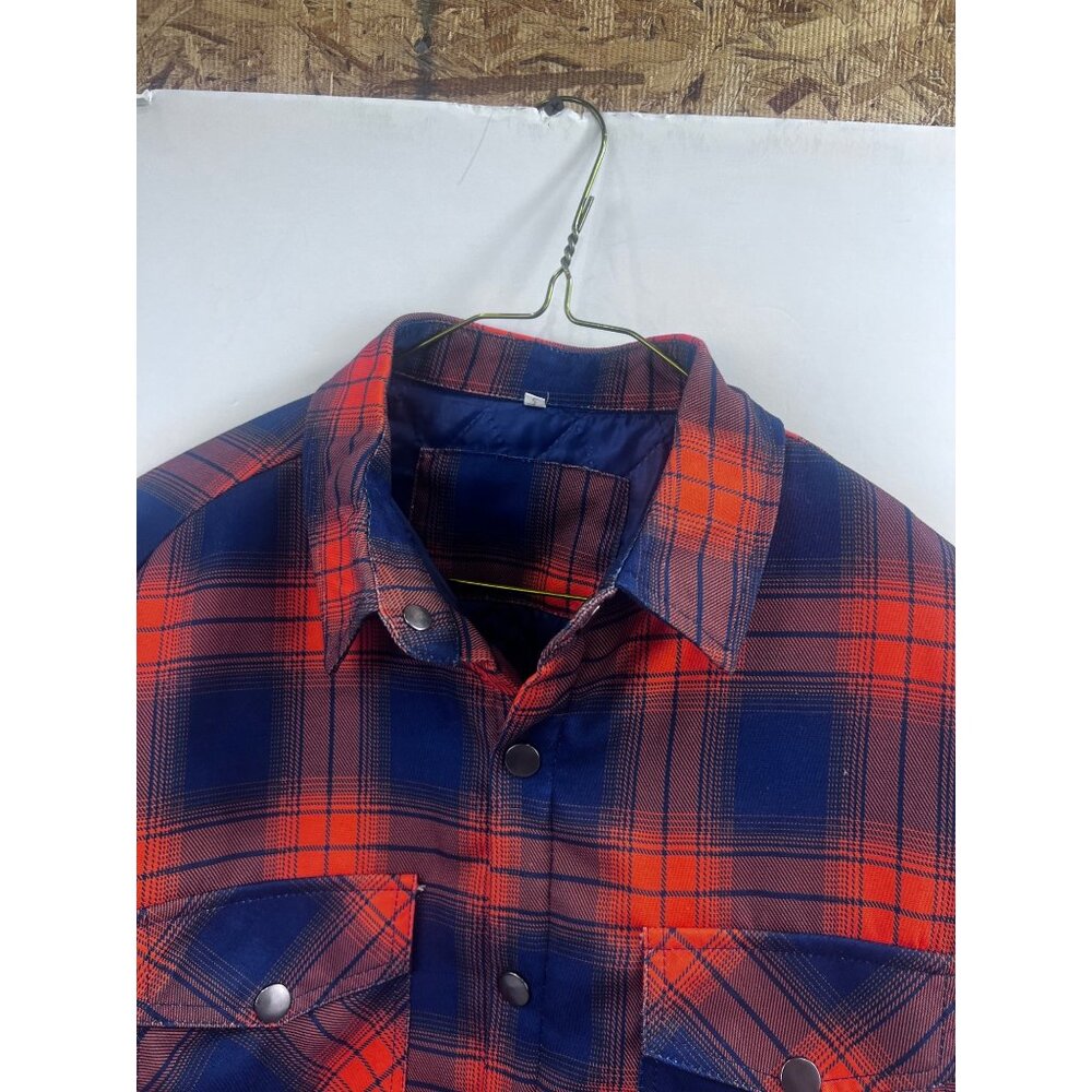 Men's Quilted Flannel Shirt Jacket Plaid Blue & Orange Sz. L Pearl Snap Vintage - Picture 6 of 13